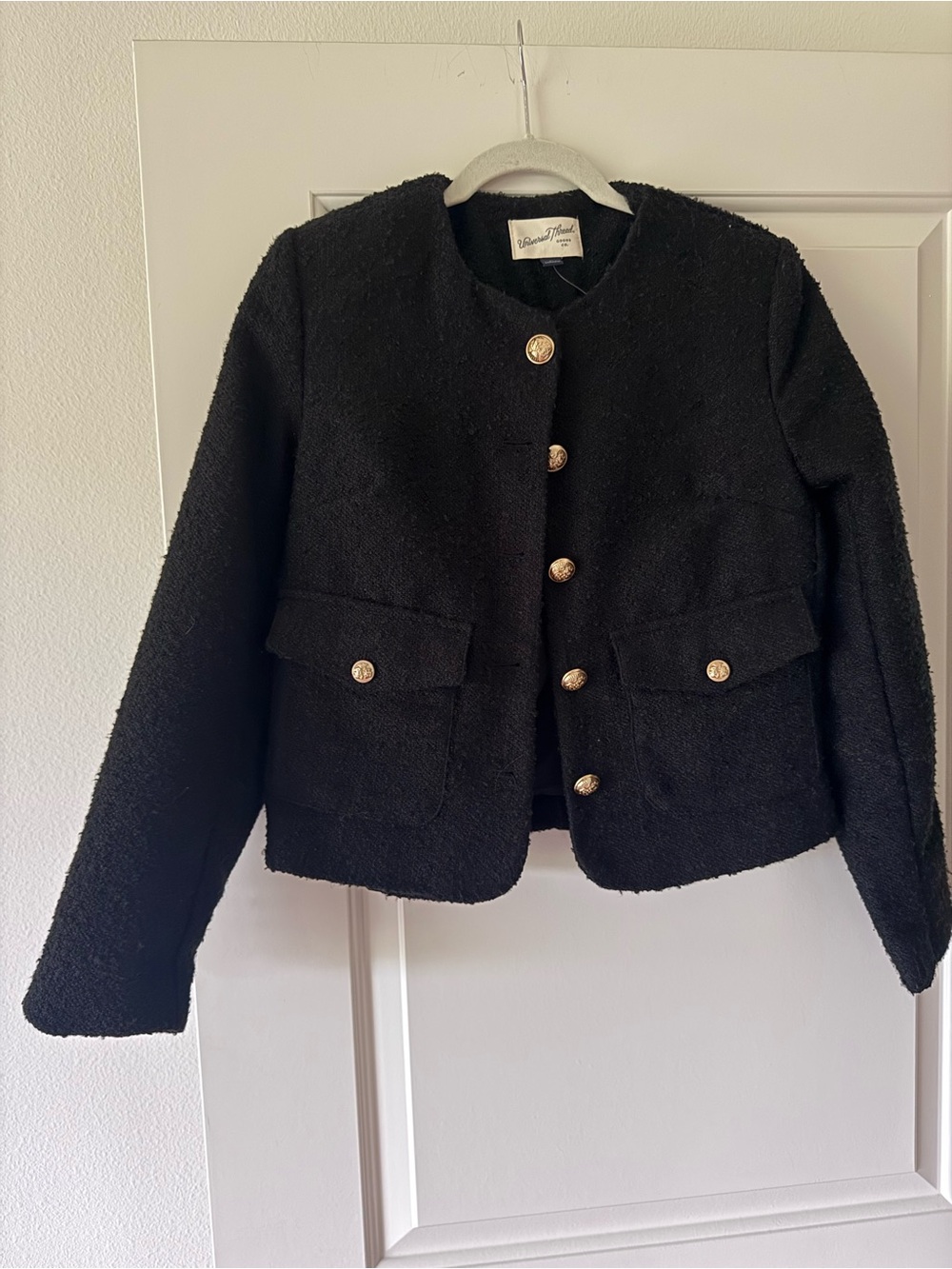 Black Bouclé Collarless Blazer with Gold Buttons